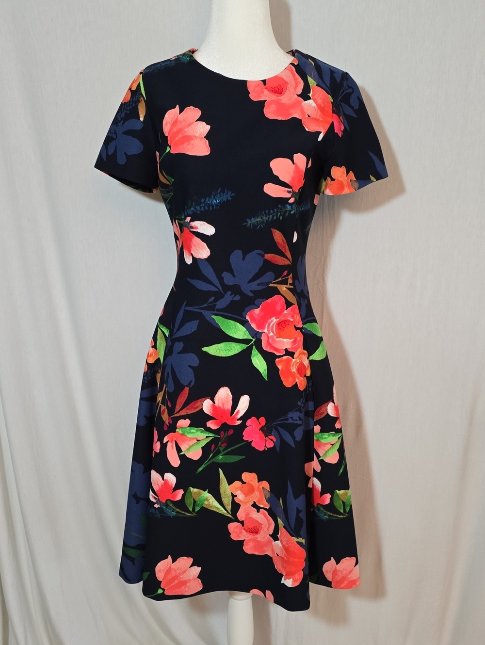 DKNY Beautifully Fitted Navy Floral Fit-and-Flare Dress with Coral Bloom
